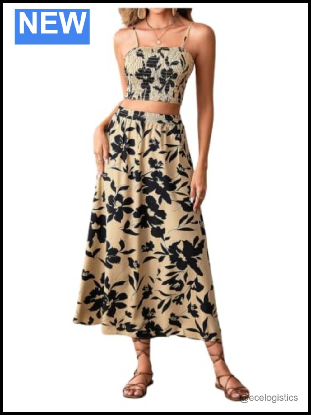 Floral Smocked Camisole Flared Maxi Skirt Set 2 Piece Vacation Outfit